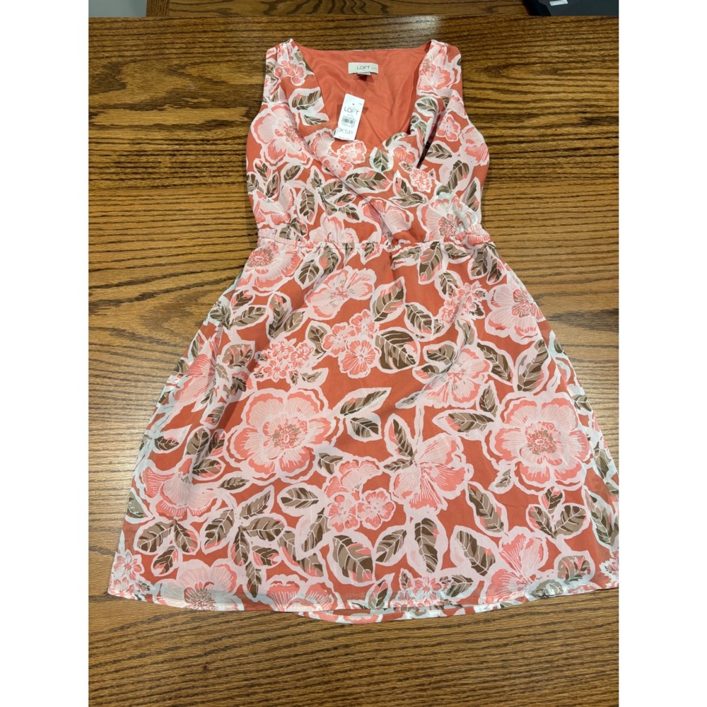 Ann Taylor Loft Petites Coral Orange Floral V-Neck Fit Flare Dress XSP NWT